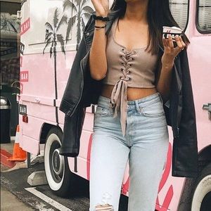 Tan front tie crop tank